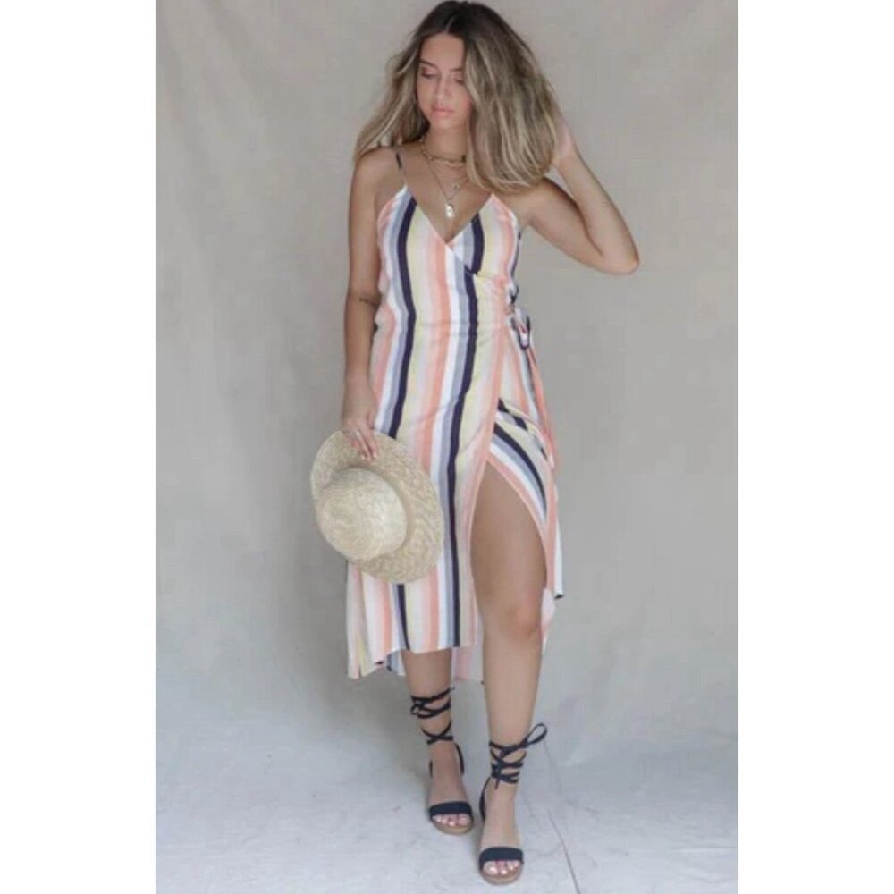 SALT WATER LUXE Billie Midi‎ Wrap Striped Beach Dress Medium